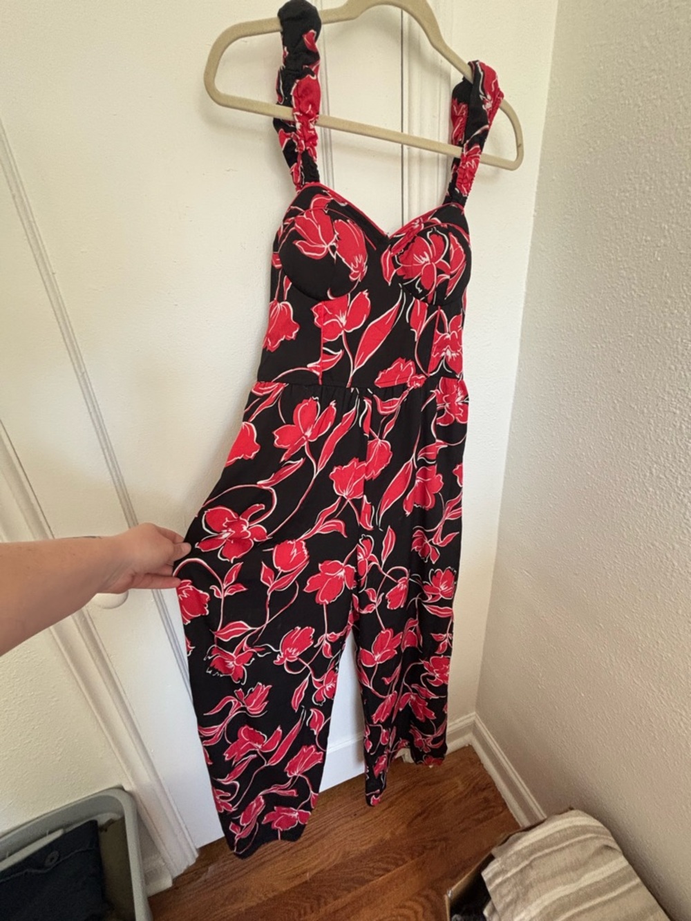 Black Jumpsuit with Pink-Red Floral Print
